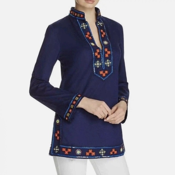 Tory Burch Embellished Tunic Navy Sea Sz 10 - Picture 1 of 9